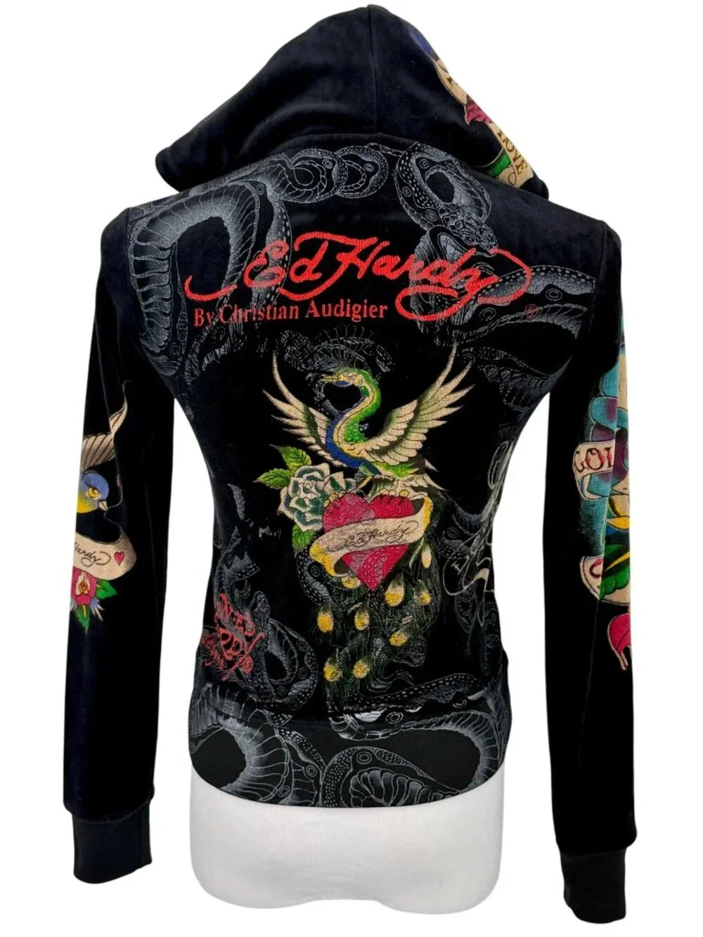 VTG Ed Hardy Black Velour Zip Up Tattoo Hoodie | McBling Indie Sleaze Trashy Y2K - Picture 6 of 16